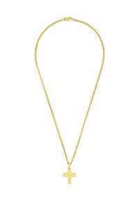 Collana in oro con pendente a croce testurizzato, caratterizzata da una finitura liscia e brillante e da una chiusura sicura.