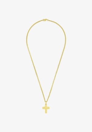 Gouden ketting met een gestructureerde kruispendant, met een elegante, gladde afwerking en een veilige sluiting.