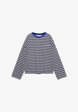 Langarm T-shirt met horizontale strepen in blauw, wit en zwart. Voorzien van een ronde hals en een klein logo op het borstzakje.