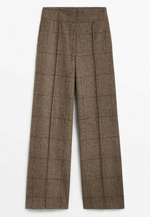 Brown wide-leg trousers with a checked pattern featuring thin red and beige lines, high waist, and a tailored front crease.