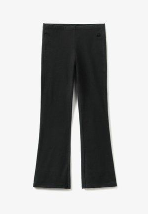 Leggings neri a campana realizzati in cotone morbido e elastico con una texture liscia. Presentano una cintura elastica e un logo discreto sul davanti.