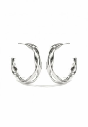 Silver twisted metal hoop earrings with post back closures, displayed side by side on a white background.