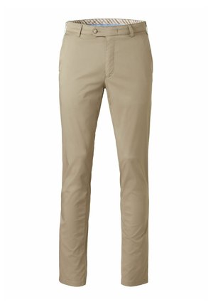 Beige slim-fit herenbroek met riemlussen, knoopsluiting en gestreepte stoffen binnenband.