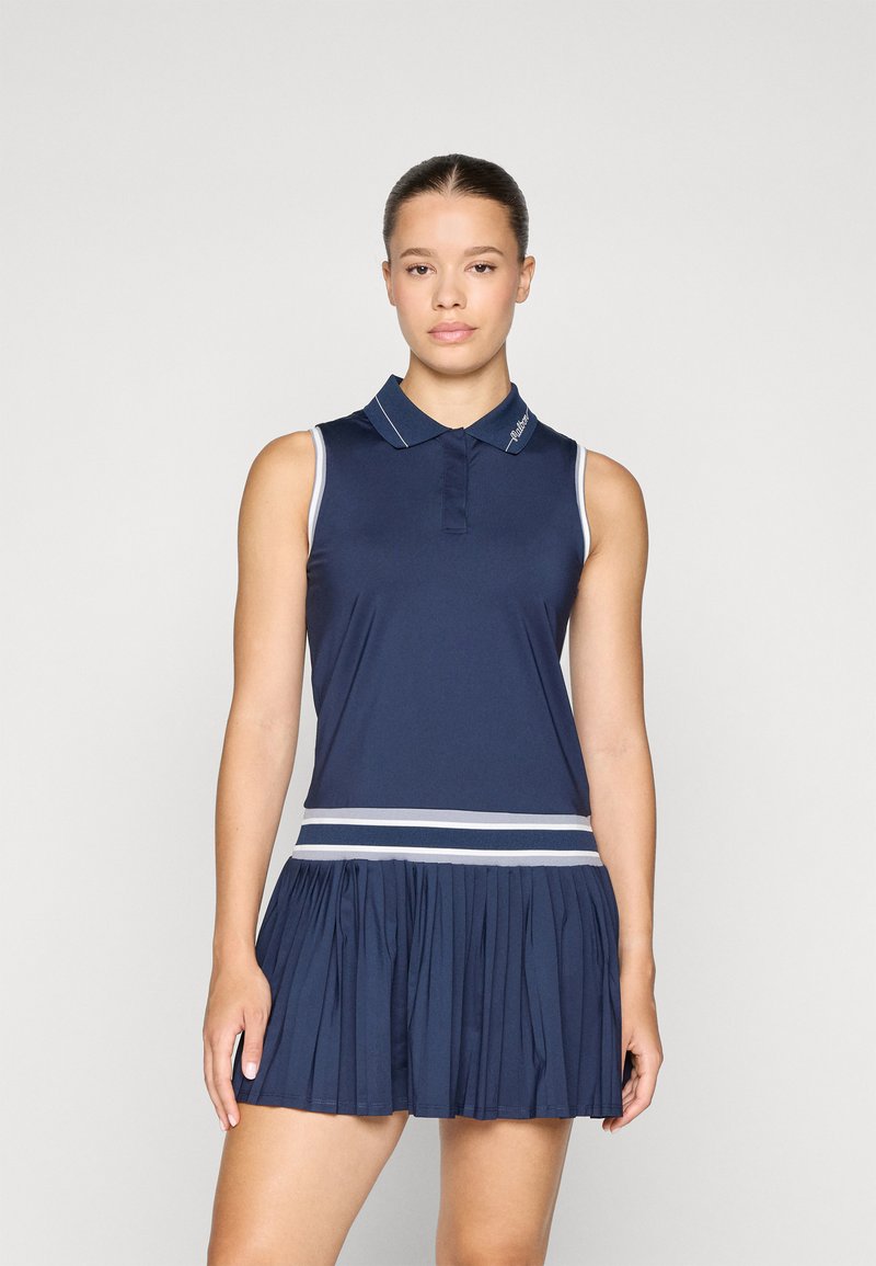 Mornarska brezrokavnik obleka s ovratnikom, belimi poudarki in nabranim krilom. Narejena iz gladkega, lahkega blaga.