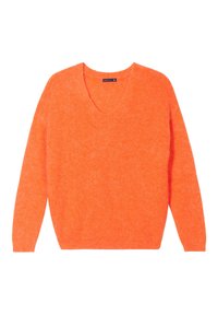 V-Ausschnitt Pullover aus weichem, flauschigem orangenem Stoff mit langen Ärmeln und einer lockeren Passform. Kein sichtbares Muster oder bemerkbare Hardware.