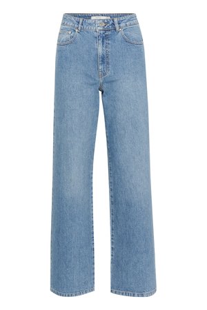 Jeans a gamba larga di color blu chiaro realizzati in denim, caratterizzati da una vita alta, design a cinque tasche e un orlo pulito con una leggera scoloritura.