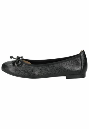 Ballerine in pelle nera con superficie testurizzata, punta arrotondata e dettaglio decorativo a fiocco sulla parte superiore. Tacco basso e piatto.
