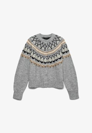 Cardigan grigio lavorato a maglia con scollatura tonda, caratterizzato da un giromanica decorato in nero, beige e bianco. Chiusura a cinque bottoni, polsini e orlo a coste.