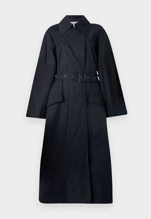 Marineblauwe trenchcoat met een grote kraag, lange mouwen, een ceintuur in de taille en twee voorkruiszakken. Gemaakt van lichtgewicht stof met een gladde textuur.