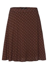 Jupe à motifs bruns avec un dessin en forme de losange agrémenté d'accents blancs et orange, fabriquée en tissu doux et flexible ; forme évasée.