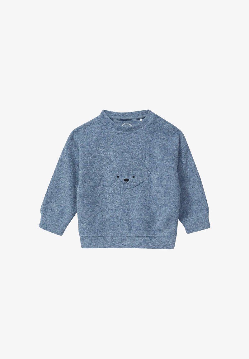 Blauwe trui van zachte, gestructureerde stof, met een geborduurd vosgezicht aan de voorkant. Ronde halslijn en lange mouwen.