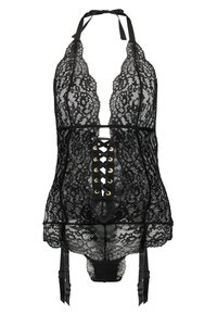 Bodysuit de encaje negro con escote pronunciado, parte delantera con cordones y ojales dorados, tela transparente y ligas ajustables.