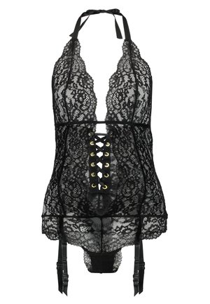 Zwart kanten bodysuit met diepe halslijn, vetersluiting aan de voorkant met gouden oogjes, doorzichtige stof en verstelbare bandjes met kousen.