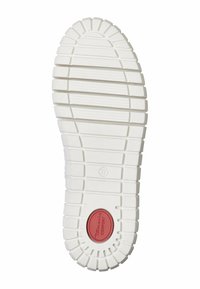 Suela de zapato de goma blanca con una superficie texturizada, que presenta surcos horizontales y verticales, y un acento rojo etiquetado como "Comodidad". Tamaño 37 marcado.