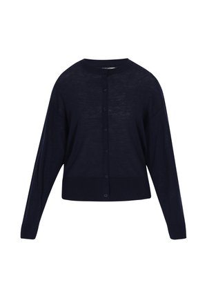 Tumši zils džemperis, izgatavots no viegla materiāla, ar apaļu kakla izgriezumu, garām piedurknēm un sešām saskaņotām pogām priekšpusē.