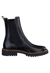 Bottines en cuir noir avec des panneaux élastiques sur les côtés, des semelles en caoutchouc épaisses, et un détail de surpiqûre marron contrastante le long du bord de la semelle.