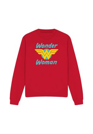 Red long-sleeve sweatshirt with blue "Wonder Woman" text and yellow Wonder Woman logo centered on the chest.