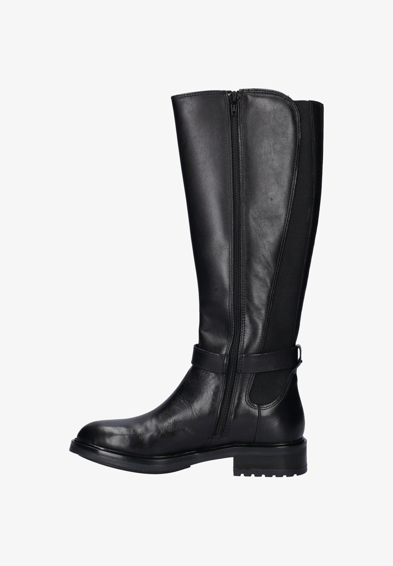 Zwarte leren laarzen tot de knie met een zijrits, elastisch paneel, banddetail bij de enkel en een lage profielhak.