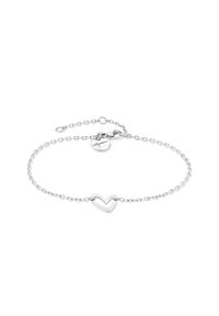 Silver chain bracelet featuring an open heart pendant. The chain is fine and delicate with a lobster clasp and adjustable length.