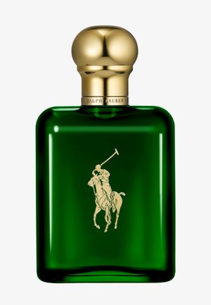 Zielona prostokątna butelka perfum z złotą nakrętką i złotym logo gracza polo z przodu, oznaczona Ralph Lauren.