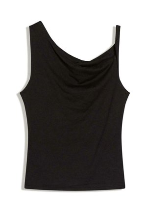 Sort ærmeløs top med asymmetrisk halsudskæring og en strop, lavet af blødt stof, vist på hvid baggrund.