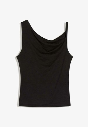 Black sleeveless top with asymmetric neckline and one strap, made of soft fabric, displayed on white background.