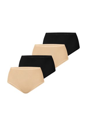 Vier hochtaillierte Damen-Slips in Beige und Schwarz, diagonal auf weißem Hintergrund angeordnet.