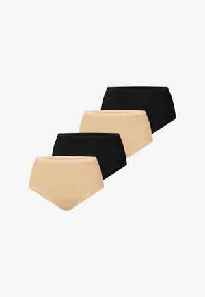 Fire dameunderbukser med højtaljet i beige og sort, arrangeret diagonalt på en hvid baggrund.