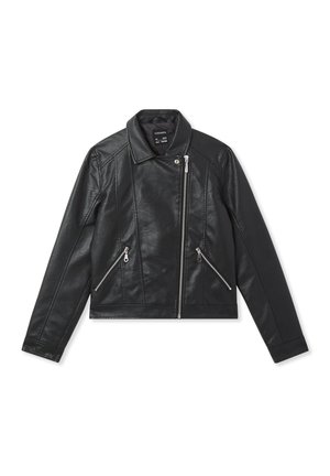 Giubbotto di pelle nera con design corto, chiusura zip e due tasche con zip. Caratterizzato da un materiale testurizzato e un colletto classico.