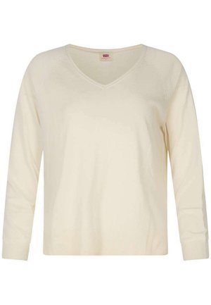 Pull en V crème, manches longues, bords côtelés aux poignets et à l'ourlet, texture tricotée douce, léger, design simple sans motifs ni accessoires.