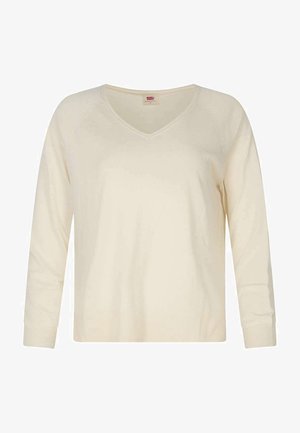 Kermavalkoinen V-kaula-aukkoinen villapaita, pitkät hihat, ribbireunukset hihoissa ja helmassa, pehmeä neuletekstiili, kevyt, yksinkertainen muotoilu ilman kuvioita tai tarvikkeita.