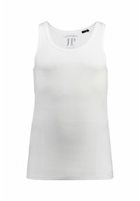Canottiera bianca realizzata in un tessuto di cotone ribbed, con scollatura tonda e senza maniche. Etichetta visibile all'interno con le iniziali del marchio "JP" e testo.
