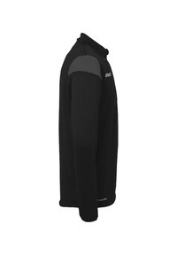 Zwarte fleece jack met een hoge kraag, lange mouwen en grijze schouderaccenten; heeft een zachte textuur en een prominent logo op de borst.