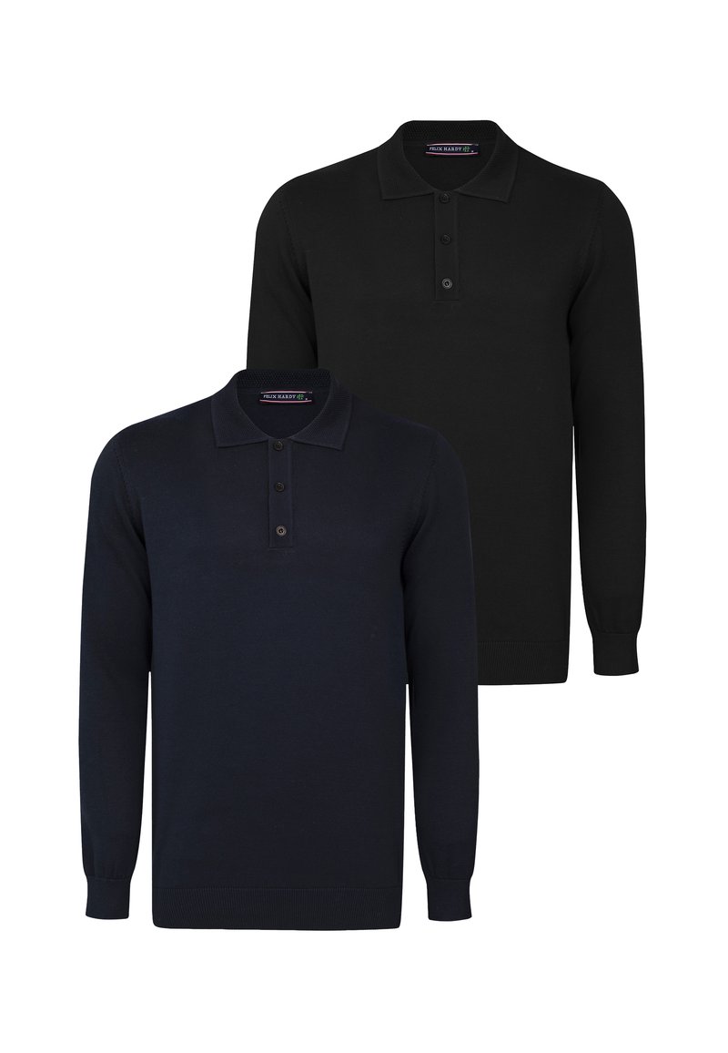 Due polo shirt a maniche lunghe: uno nero e uno blu navy. Entrambi presentano un colletto, una patta con tre bottoni e polsini a costine. Texture in maglia liscia.
