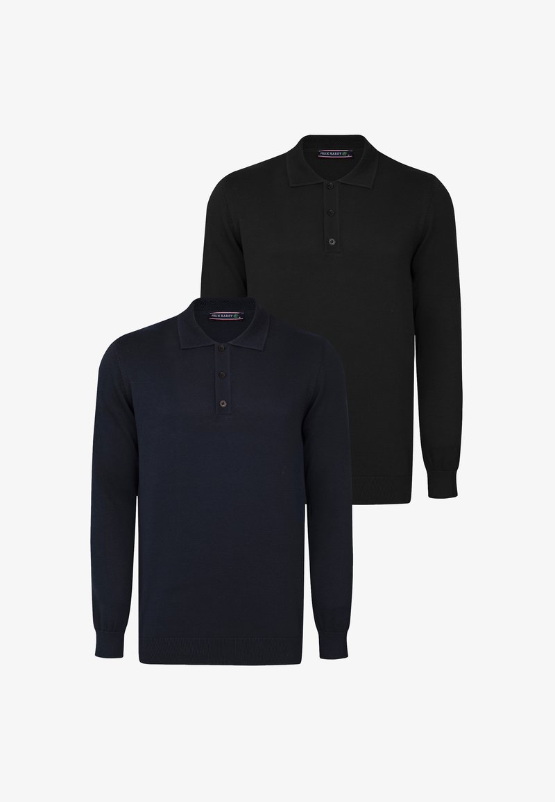 Dwie koszulki polo z długim rękawem: jedna czarna, a druga granatowa. Obie mają kołnierz, trzy guziki oraz ściągacze na rękawach. Gładka dzianina.