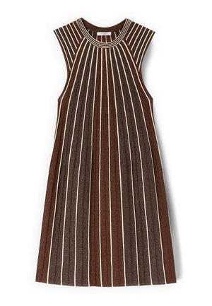 Robe sans manches longueur genou avec des rayures verticales marron et crème, encolure ronde et texture en maille côtelée.