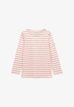 Cămașă albă cu mânecă lungă, dungi roz orizontale, decolteu tip barcă cu nasturi pe umeri și un mic logo brodat lângă tiv.