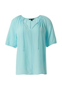 Light blue short-sleeve blouse made of soft fabric, featuring a V-neckline with drawstring detail and relaxed fit. Smooth texture; no patterns.