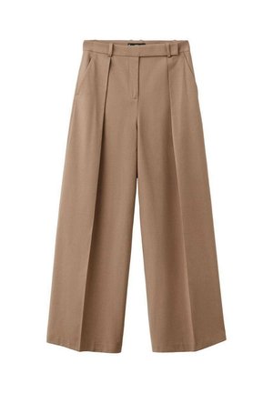 Pantaloni a gamba ampia in un tessuto marrone chiaro. Le caratteristiche includono una vita alta, pieghe frontali e due tasche laterali. Finitura liscia e texture.