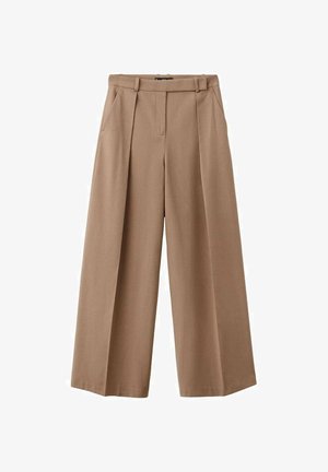 Pantalones de pierna ancha en una tela marrón claro. Incluye una cintura alta, pliegues delanteros y dos bolsillos laterales. Acabado suave y texturado.