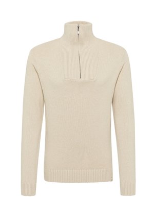 Beiger Pullover-Pullover mit hohem Kragen, Viertel-Reißverschluss, Rippdetails und weicher Textur. Elastische Bündchen und Saum.