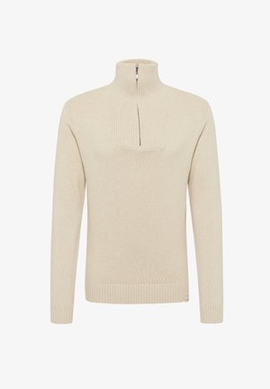 Beiger Pullover-Pullover mit hohem Kragen, Viertel-Reißverschluss, Rippdetails und weicher Textur. Elastische Bündchen und Saum.