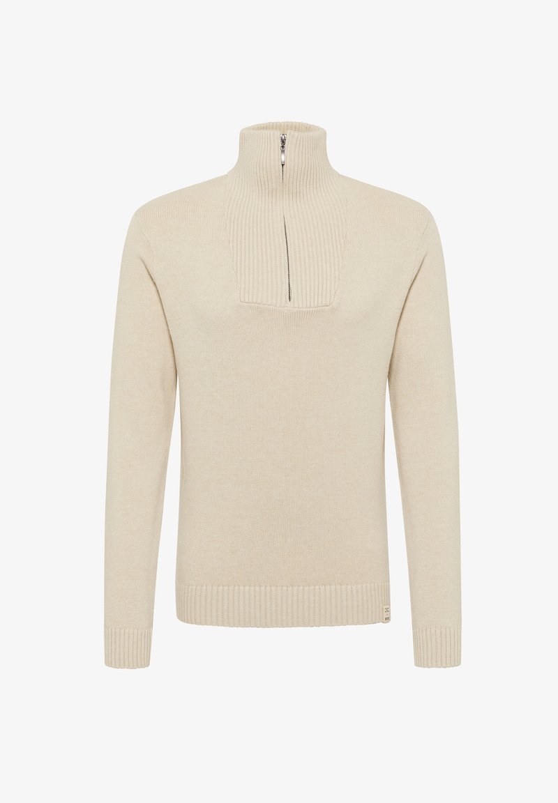 Beiger Pullover-Pullover mit hohem Kragen, Viertel-Reißverschluss, Rippdetails und weicher Textur. Elastische Bündchen und Saum.