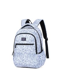 Zaino con un motivo astratto blu e bianco, tasca frontale con zip, spallacci imbottiti e un ampio scomparto principale. Tessuto testurizzato.