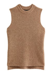 Beige mouwloze geribbelde gebreide trui met een hoge hals en een losse pasvorm, voorzien van een rechte zoom met zijsplitten voor bewegingsvrijheid.