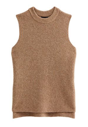 Beiger ärmelloser Rippsweater mit hohem Kragen und lockerer Passform, verfügt über einen geraden Saum mit seitlichen Schlitzen für mehr Bewegungsfreiheit.