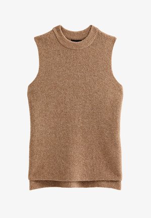 Beiger ärmelloser Rippsweater mit hohem Kragen und lockerer Passform, verfügt über einen geraden Saum mit seitlichen Schlitzen für mehr Bewegungsfreiheit.