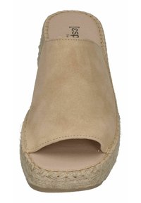 Open-toe slip-on sandal in beige suede with jute-wrapped sole and stitched accents. Features a flat design with a smooth texture.