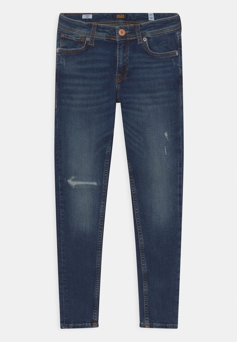 Donkerblauwe skinny jeans van denim met lichte vervaging en versleten plekken op de dijen, koperen knoop en ontwerp met vijf zakken.