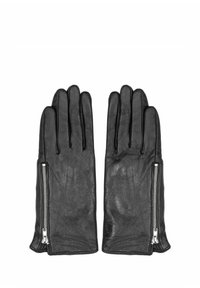 Czarne skórzane rękawiczki o gładkiej fakturze, z bocznym zamkiem błyskawicznym zapewniającym idealne dopasowanie. Każda rękawiczka ma pięć palców i dopasowany krój.